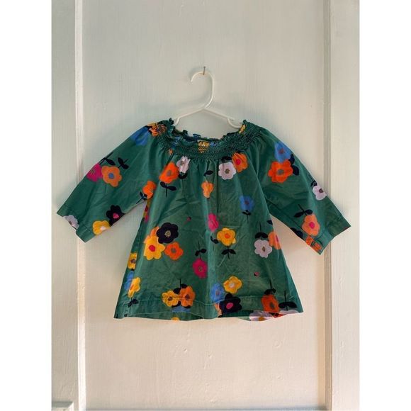 Hanna Andersson Top Smock Neck 3/4 Sleeve Floral Ladybug Green Girls Kids Size 4 - Picture 9 of 9